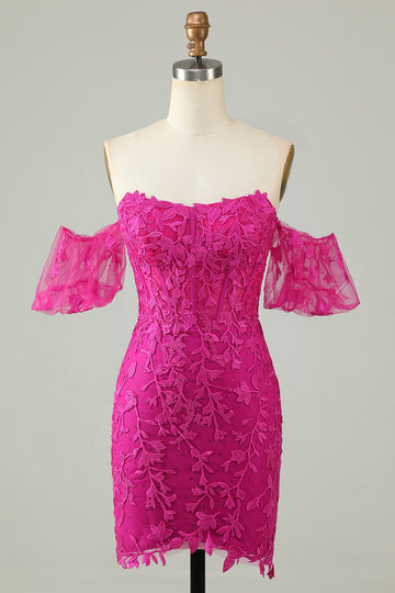 Fucsia Off the Shoulder Bodycon Appliques Homecoming Dress